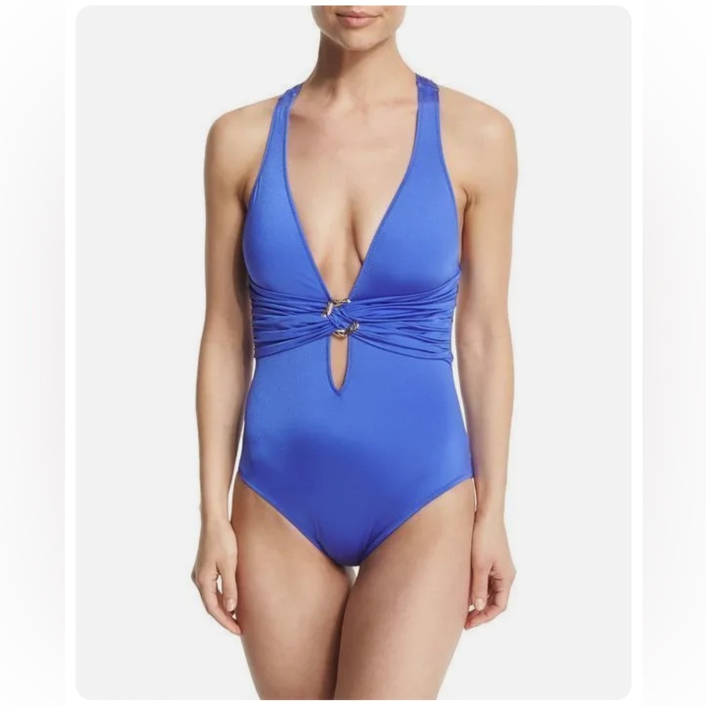 Trina Turk MARRAKESH Solids‎ Cross Back Plunge One-Piece Swimsuit Women's 8